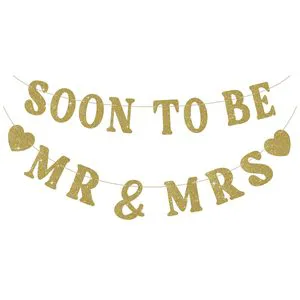 Soon Be Mr Mrs Heart-Shaped Polyester Gold Glitter Sign Banner for Bridal Shower Wedding Engagement