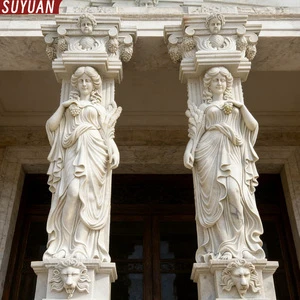 Greek Style Hand-Carved Marble Lady Stone Pillar Sculpture For Outdoor Garden Hotel Villa Use Modern Design Eco-Friendly