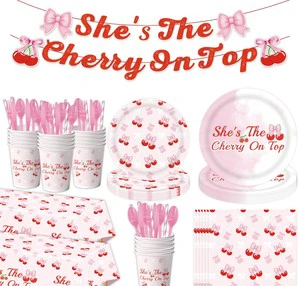 Cherry on Top She Is the Best Birthday & Children's Day Party Tableware Set Paper Plate Decoration for Girls