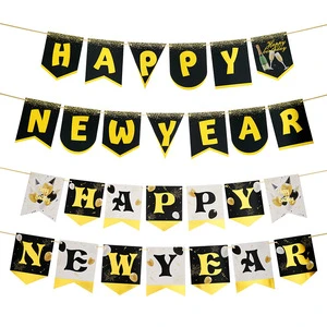 Happy New Year Banner Black Glitter Happy New Year Sign Banner for New Years Eve Party Supplies