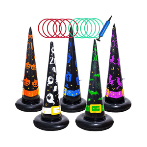 16PC Halloween Ring Toss Game Set 5 Inflatable Witch Hat Cone with Air Pump and 10 Ring for Family School Party Favor Game