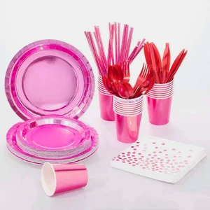 Disposable Dinnerware Set With Silverware and Gold Cups Party Table Decoration
