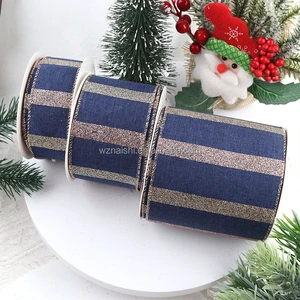 Christmas Holiday Glitter Stripe Blue Polyester Ribbon 10 Yards Christmas Tree Gift Packaging Bow Decoration Wholesale