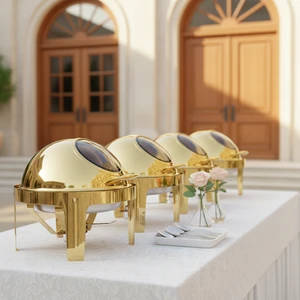 Luxury Golden Round Chafing Dish for Catering Food Warmer Buffet Service High Quality Stainless Steel Buffet Alcohol Stove