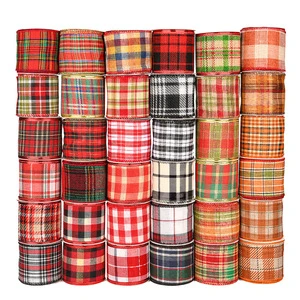Christmas Decor 6.3m Width 5.6m Length Red Black Gold Grid Wire Edge Ribbon DIY Bowknot Gift Wrapping 100% Polyester