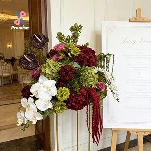 Country Garden Style Red Green Faux Flower Bouquet Outdoor Wedding Table Centerpiece