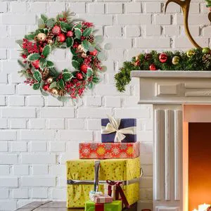 Christmas Wreath Decorative Indoor Hanging Artificial Leaves Red Berries Pinecone Snow Branch Eco-Friendly Christmas Garlands