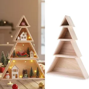 A 4-layer Large Wooden Christmas Tree Display Stand Is Used for Winter Christmas Decoration in the Living Room and Bedroom