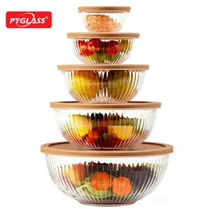PYGLASS 5-Piece Set Stackable Modern Glass Round Salad Bowls with BPA-Free Lid Microwave Safe Multifunction Large Capacity Party