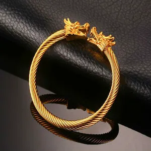 Chinese Style Screw Punk Hand Cuff Pixiu Bangles Designer Jewelry Gold Plated Dragon Heard Wire Bracelet Bangle for Men