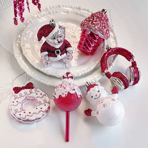 Pink Themed Christmas Party Decor Doughnut Snowman Lollipop Pink Christmas Ornaments Glitter Xmas Baubles Decorative for Tree