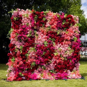 Flower Wall Red Oem Luxurious Beautiful 5d/3d Artificial Flowers Wall Panel Backdrop 8ft X 8ft Decoration for Wedding Party Home