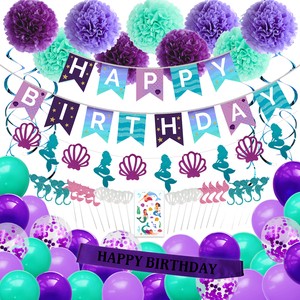Nicro 73pcs Mermaid Theme Party Decor Happy Birthday Foil Balloon Banner Set Little Mermaid Party Supplies Table Decoration