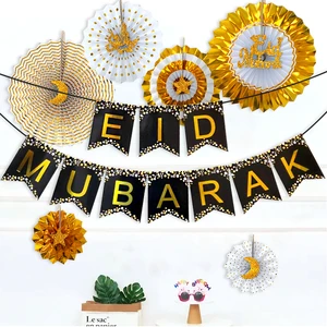 EID MUBARAK Party Decoration Supplies Black Gold Cardstock Swallowtail Paper Fan Flowers Moon Star and Ramadan Essentials