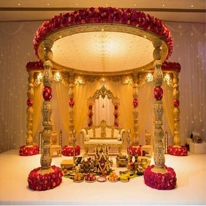 Dulhan Wedding Mandap Set Eight Golden Carved Pillars Fiber Temple Style for Parties and Events Party Event Mandap