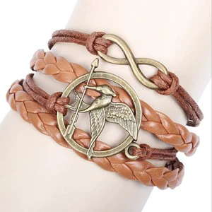 Custom-Hunger Games Laugh at Bird Vintage Cupid Arrow love Mocking Jay Charm Braid PU Leather Bracelet Men Jewelry-Drop Shipping