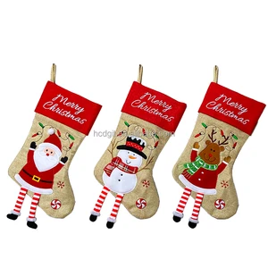 Customizable Faux Linen Embroidered Traditional Style Soft Eco-Friendly Christmas Stockings Long-Legged Factory Wholesale Party