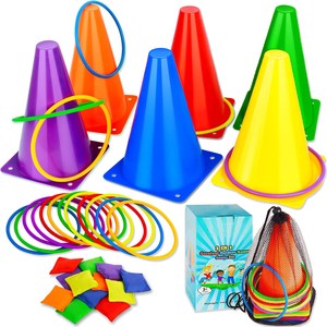 3 in 1 Carnival Game Set - Plastic Cones Bean Bags Ring Toss Game Combo - Fun Outdoor Party Supplies for Kids Birthday