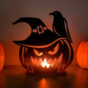 Custom Eco-friendly Halloween Wooden Pumpkin Candlestick with Monster Projection for Indoor Party Decorations