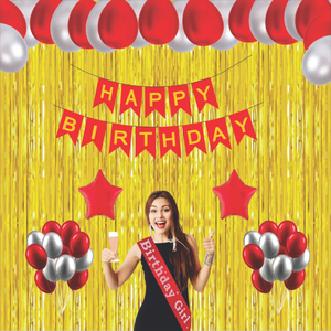 Golden Birthday Party Decoration Kit 37 Pcs Red & White Balloons Curtain & Hanging Sash for Best Wholesale Price