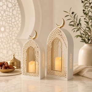 Wholesale Ramadan Lantern Set White Gold Metal Islamic Candle Holder For Eid Home Hotel Decor OEM