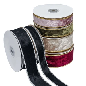 Wholesale 2.5cm 4cm Red Green Champagne Christmas Wired Velvet Ribbon With Gold Edge for Wreaths Decoration