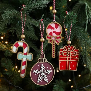 Color Printed Wood Christmas Candy Wood Decoration Christmas Tree Hanging Wooden Christmas Ornament For Xmas Tree Winter Holiday