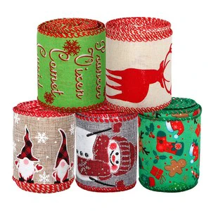 Ready Made Printed Ribbon Christmas Tree Decoration Ribbon Wired Burlap Holiday Ribbon Christmas Decoration