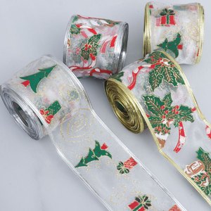 In-stock Wholesale Christmas Ribbon Leather Wired Edge Taffeta Gold-silver Trimmed Mesh Christmas Decorative Bow Ribbons