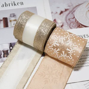 Wired Ribbon with Champagne Glitter Edge 2.5 Inch Christmas Ribbon for Tree Gift Wrapping Fabric Holiday Festival Ribbons