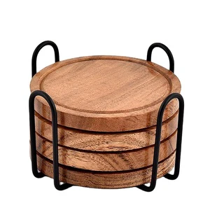 WDF Wooden Trivet Porta Vasos Posavasos De Madera Blank Engraveable Acacia Wooden Coasters Sets With Holder