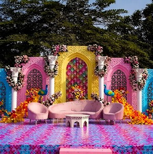 Luxurious Royal Wedding Stage Decoration Set With Elegant Floral Backdrop Panels And Grand Lighting Arrangement Indian Supplier