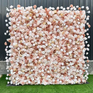 Wholesale Brown Nude Roll up Artificial Flower Wall Calm Rose Silk Flower 8x8ft Wedding Wall Wedding Backdrop Floral Decoration