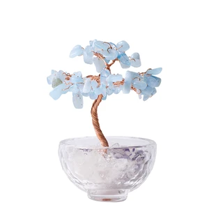 Minimalist Crystal Tree Figurine Copper Wire Glass Base Home Office Wealth Decor