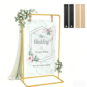 Adjustable Wrought Iron Rectangle Wedding Arch Welcome Sign Stand with Gold Hanging Straps Seating Chart Display Customized Logo