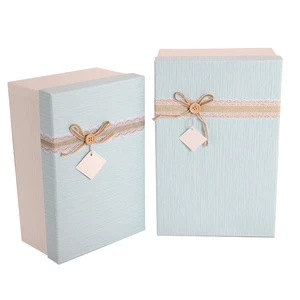 Custom Rustic Lace Ribbon Gift Box Light Blue Hard Cardboard Wedding Favor Gift Packaging Box With Wooden Button