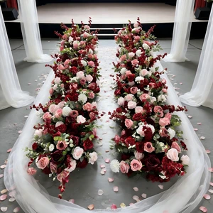Luxury High Quality Modern Silk Artificial Red Flower Row Wedding Decoration Table Runner Floor Floral Backdrop Arrangement