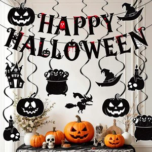 Halloween Decorations Black Spiral Bat Pumpkin Paper Banner Set Bunting Garland Hanging Ornament for Wall Home Party