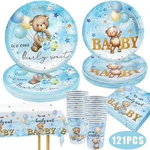 Teddy Bear Baby Shower Party Decorations for Boy We Can Bearly Wait Tableware Set Brown Bear Plates Napkins Cups Tablecloth Set