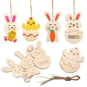 Easter Wooden Craft Pendant DIY Party Hand-Painted Decoration Supplies Rabbit and Egg Hanging Ornaments