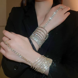 Casual Party Dinner Jewelry Accessories Women Multi-Layer Trendy Rhinestone Bangles Finger Ring Bracelet