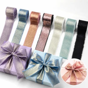 Handmade Luxury Frayed Edge Silk Chiffon Ribbon Gold Foil 1.5 Inch Fringe Wedding Bridal Bouquet Wrapping Halloween Christmas