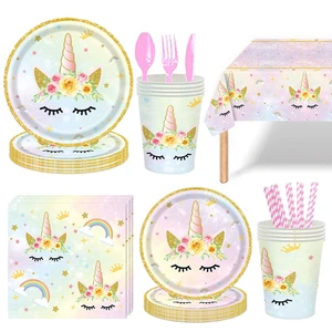 Hstyle Rainbow Unicorn Kids Birthday Party Disposable Tableware Decor Set Plates Napkins Cutlery Tablecloth for 24 Guests E3236
