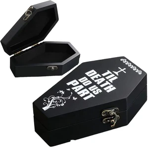 Solid Wood Gothic-Style Coffin Ring Box Lock Storage Box With Lid Halloween Decoration Quirky Keepsake Box Indoor Use