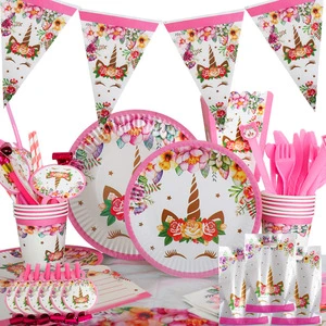pink Wholesale Unicorn Party Tableware Set Disposable Paper Plates, Napkins, Cup Tableware, Unicorn Birthday Party Decoration