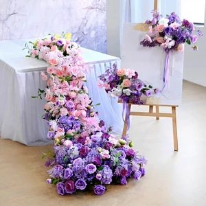 Customized High Quality Artificial Silk Rose Flower Arrangement Rustic Style Pink Purple Table Wedding Centerpieces Decorative