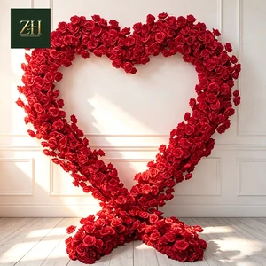 Cross Base Red Rose Heart Floral Arch Romantic Wedding Artificial Flower Backdrop Decor