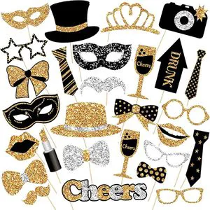 Wedding Photo Props with an Ins Style Props for Wedding Games and Atmosphere Shooting 30 Pcs of Black and Gold Photo Accessories