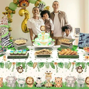 Hot Sale Forest Jungle Zoo Theme Birthday Party Disposable Tableware Paper Plates Cups Napkins Tablecloth Banner Decoration