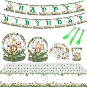 Animal Theme Disposable Tableware Set Paper Plates Cups for Birthday Party Decoration Party Supplies